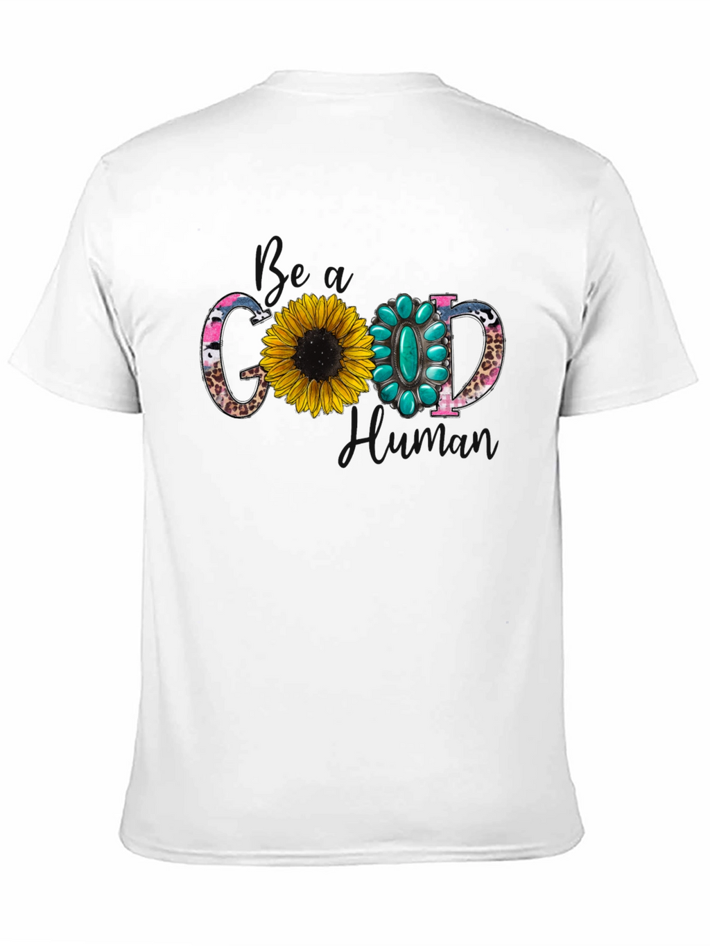 Good Human T-Shirt with Sunflower and Turquoise Design