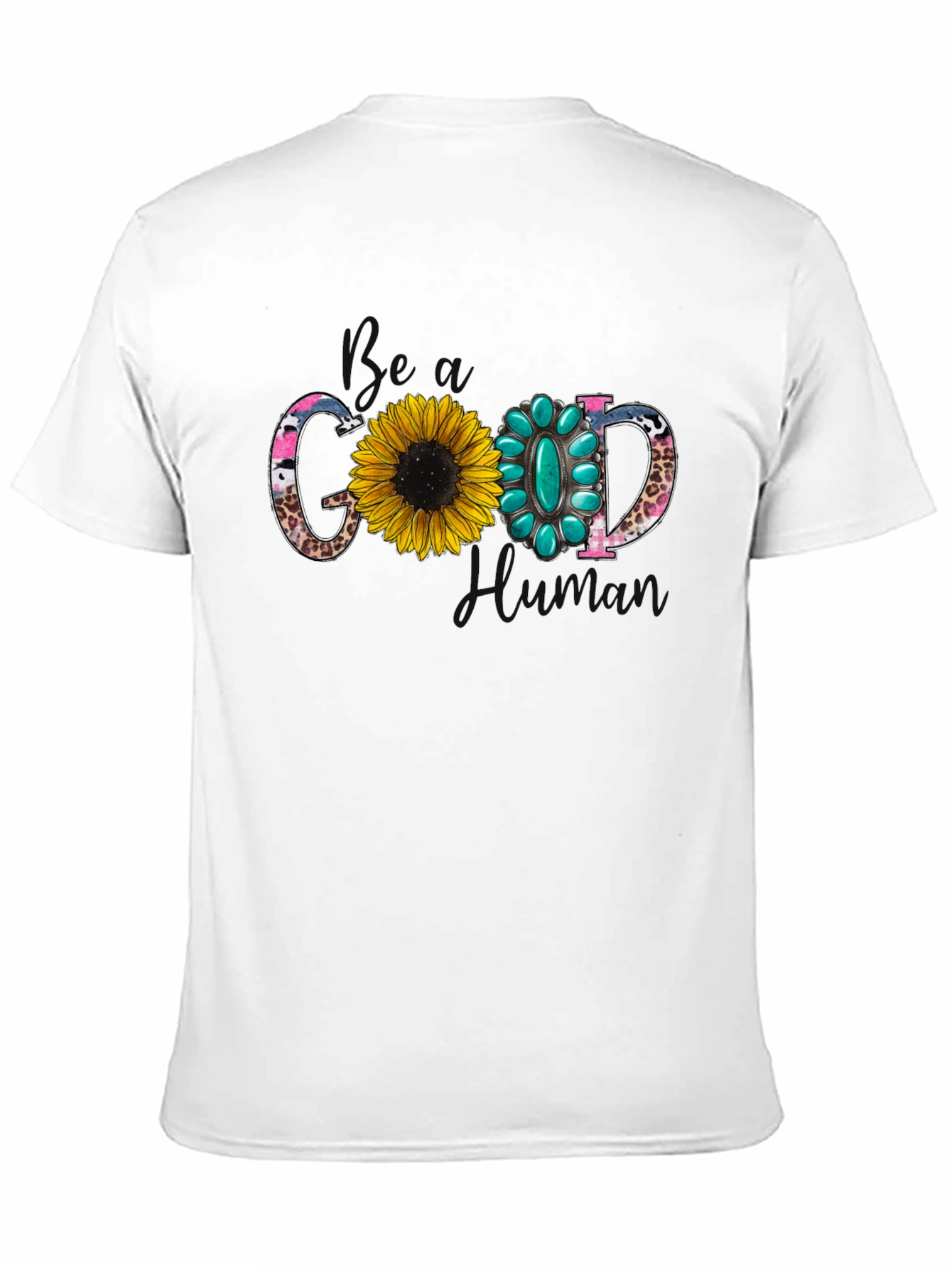 Good Human T-Shirt with Sunflower and Turquoise Design