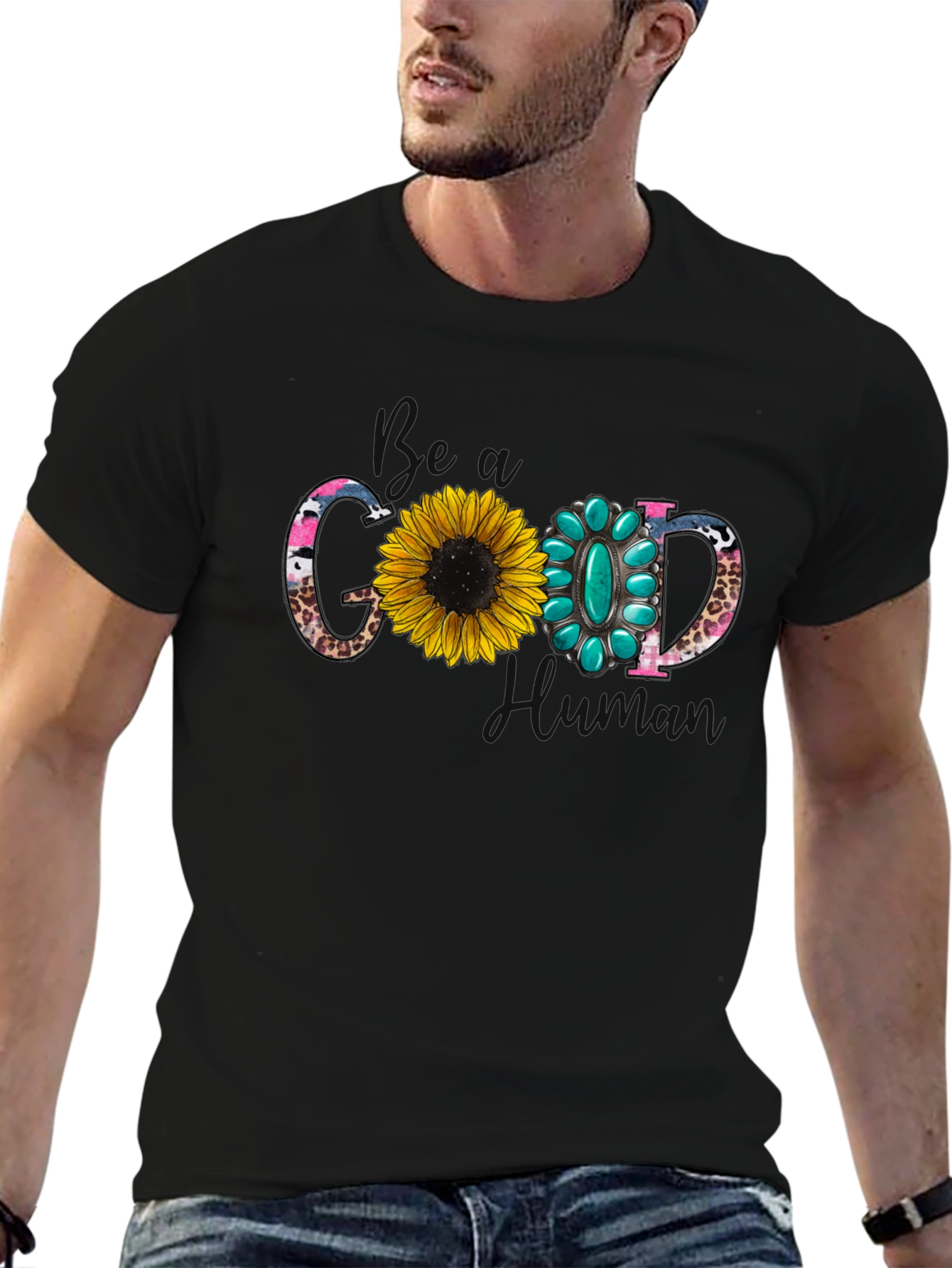 Good Human T-Shirt with Sunflower and Turquoise Design