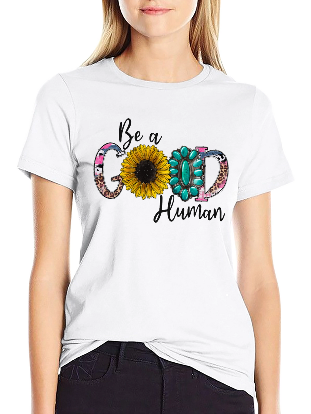 Good Human T-Shirt with Sunflower and Turquoise Design