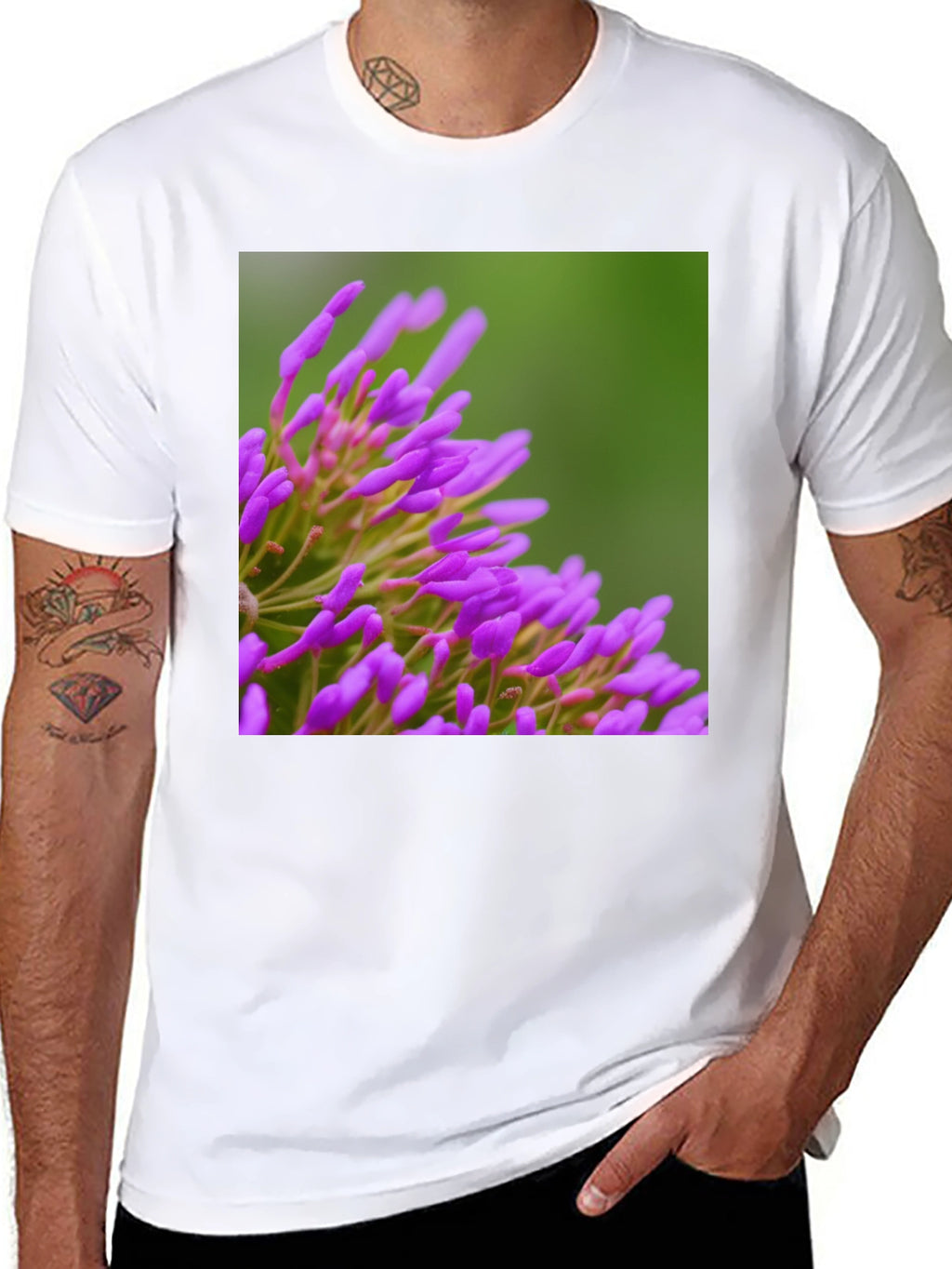Purple Floral Print Black T-Shirt