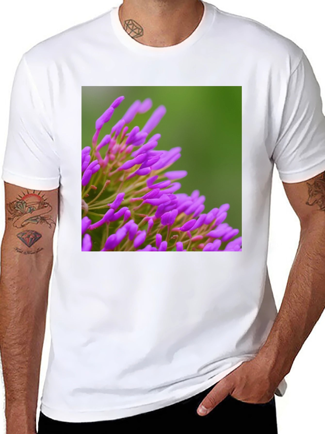 Purple Floral Print Black T-Shirt