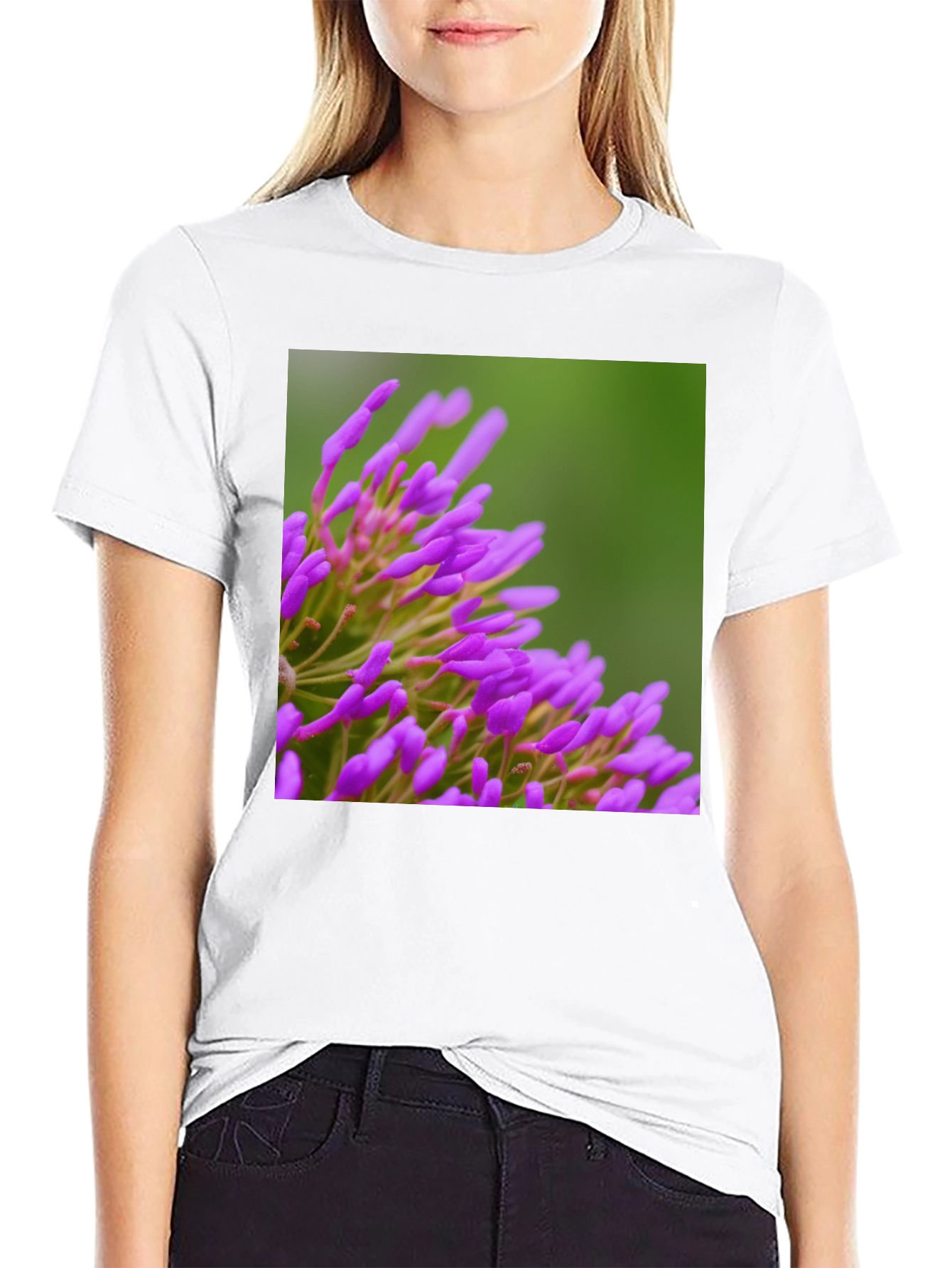 Purple Floral Print Black T-Shirt