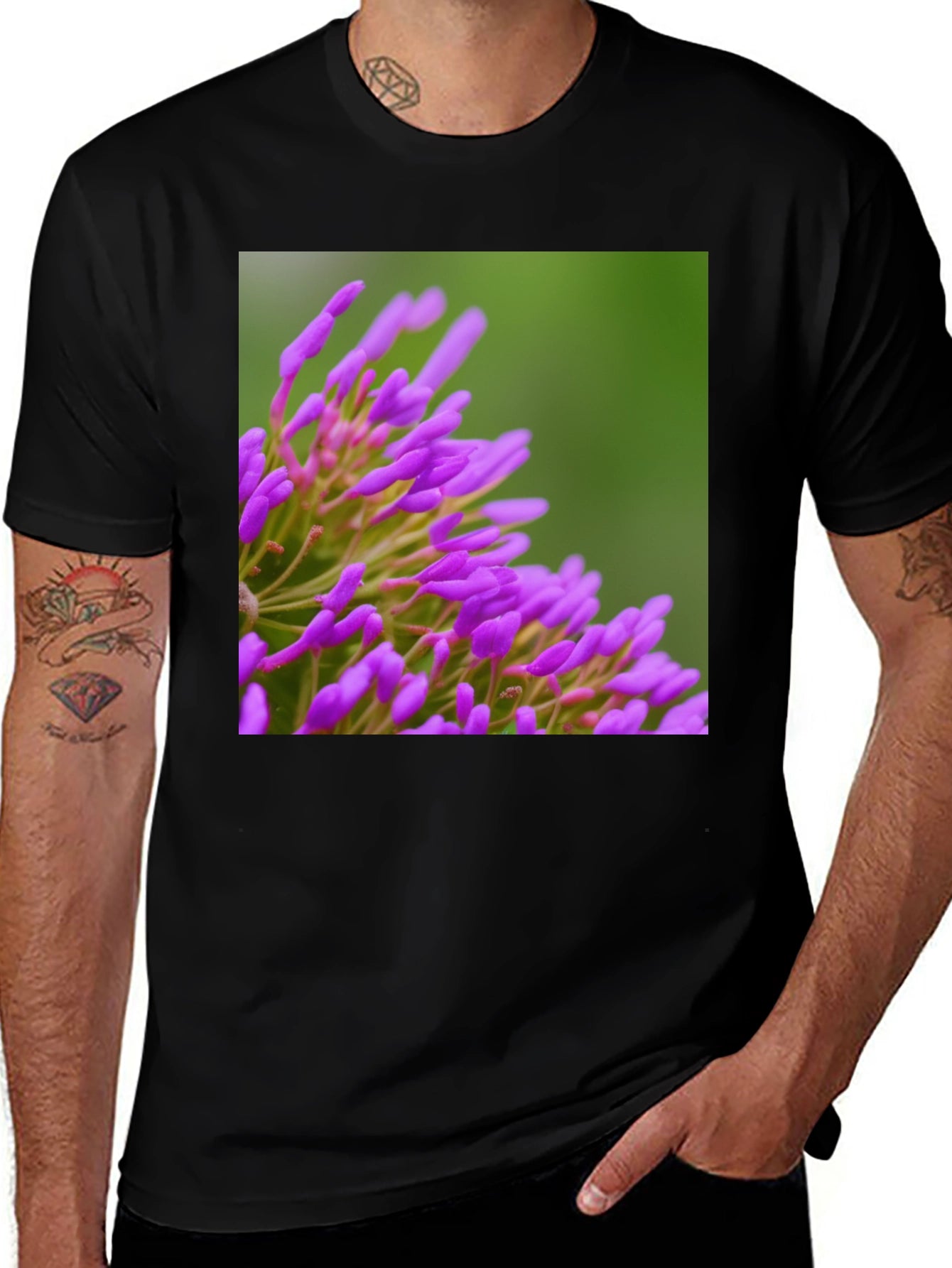 Purple Floral Print Black T-Shirt