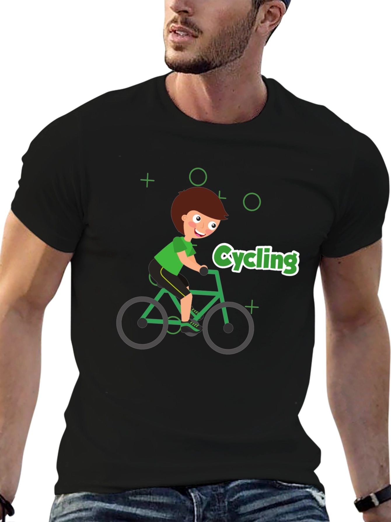 Cycling Cartoon Graphic Print Black T-Shirt