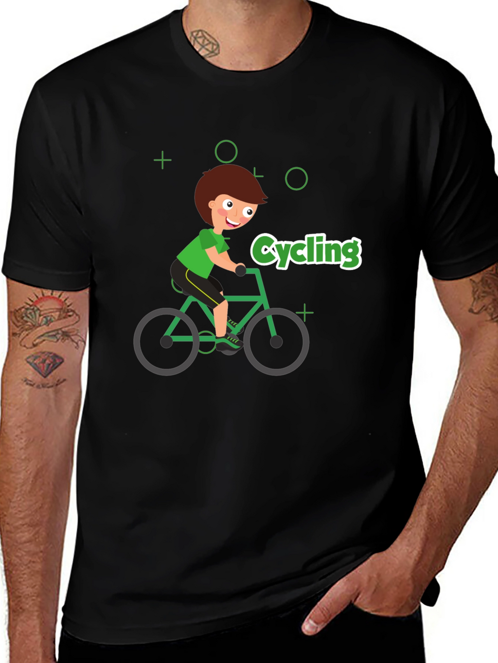 Cycling Cartoon Graphic Print Black T-Shirt
