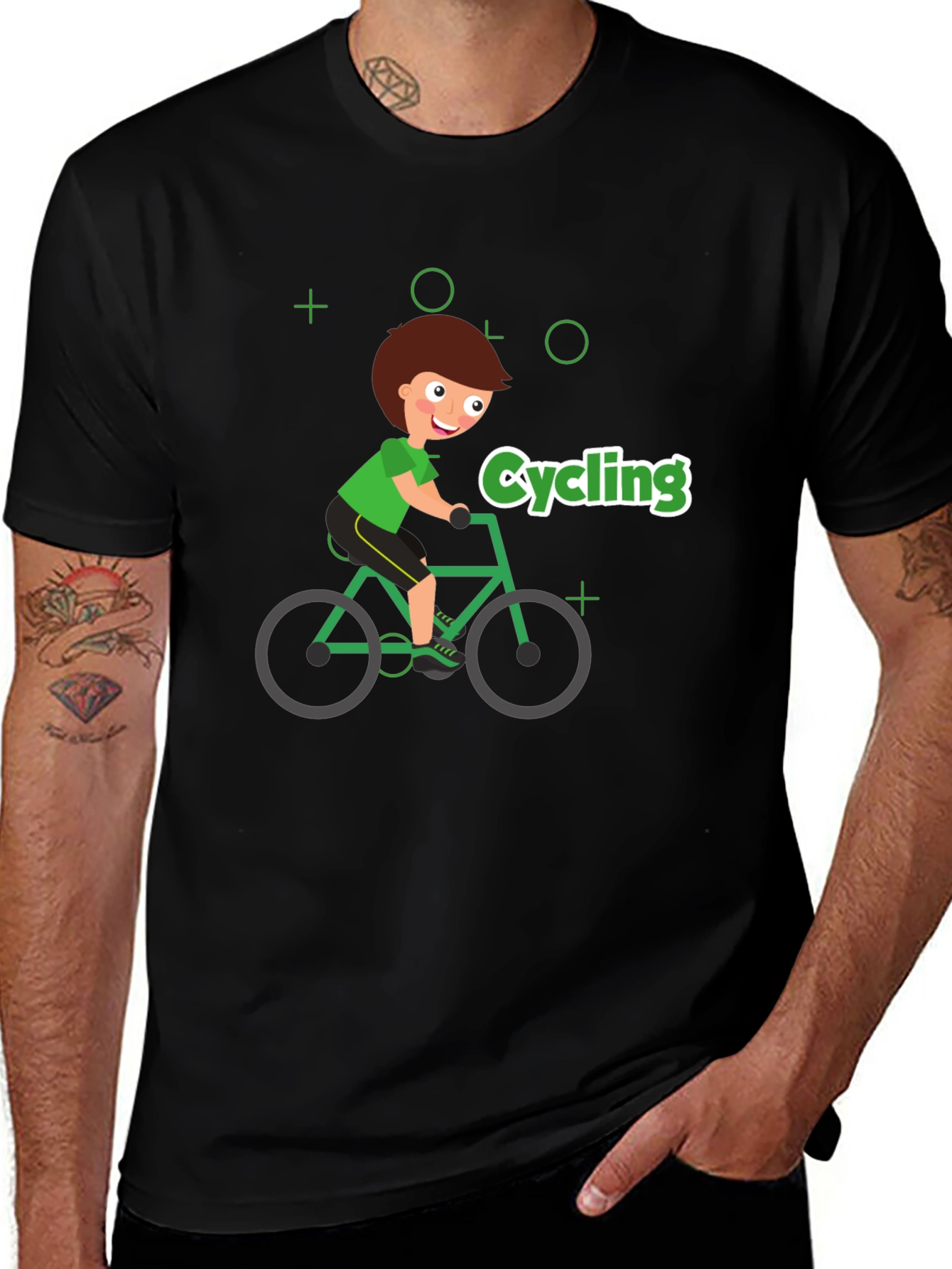 Cycling Cartoon Graphic Print Black T-Shirt
