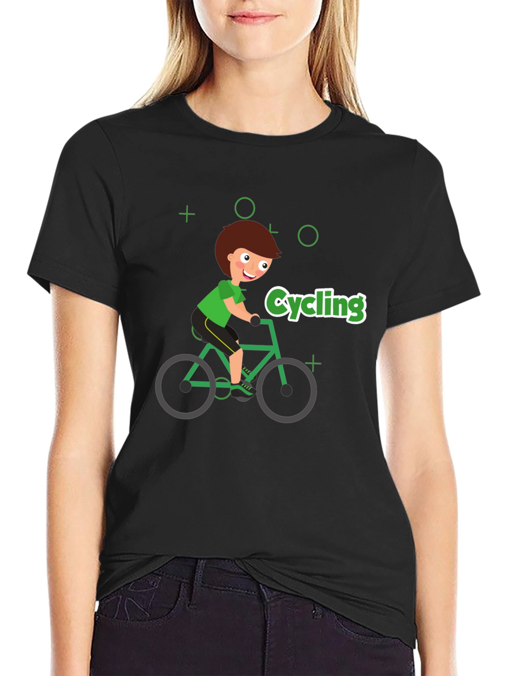 Cycling Cartoon Graphic Print Black T-Shirt