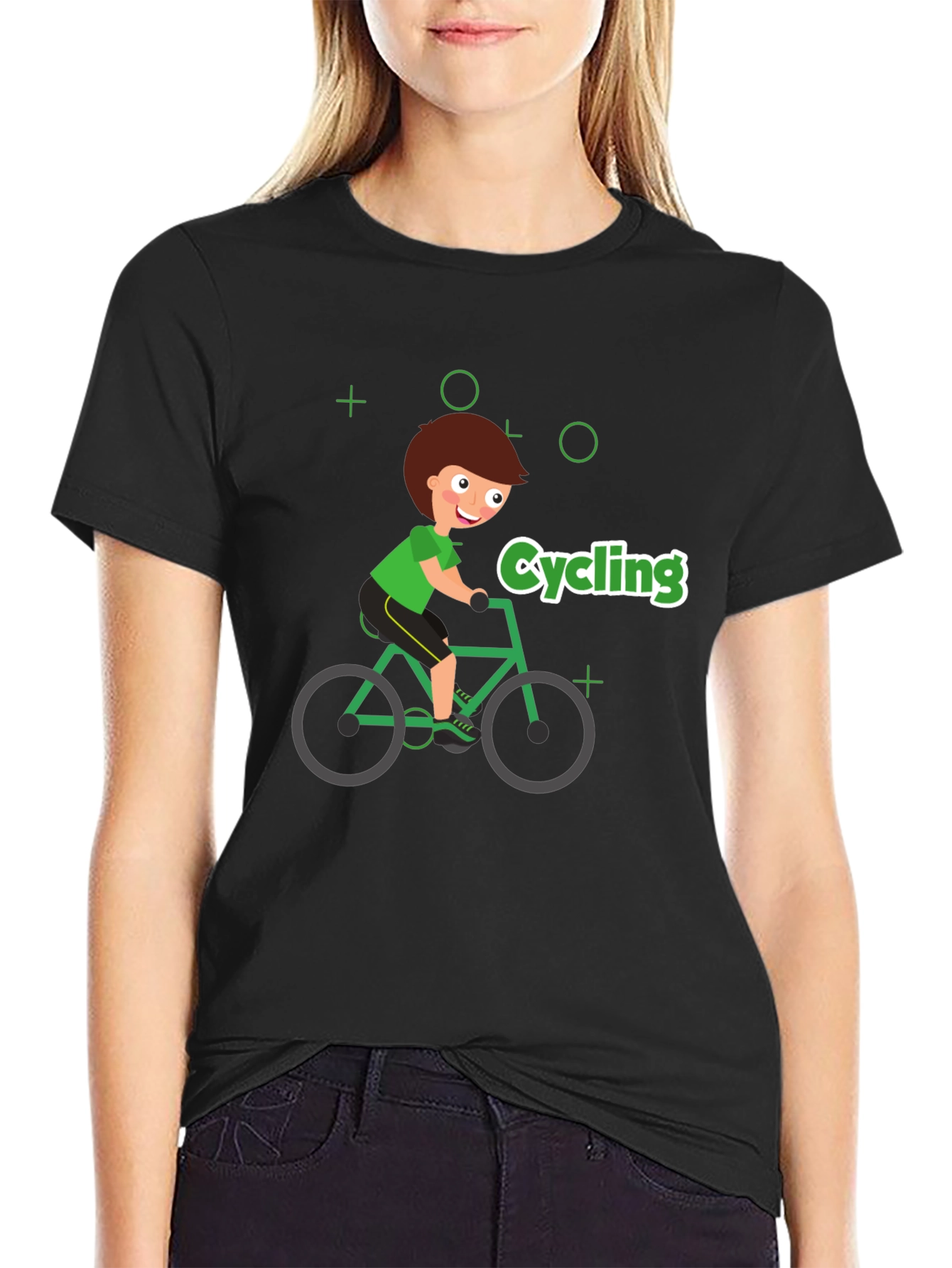 Cycling Cartoon Graphic Print Black T-Shirt