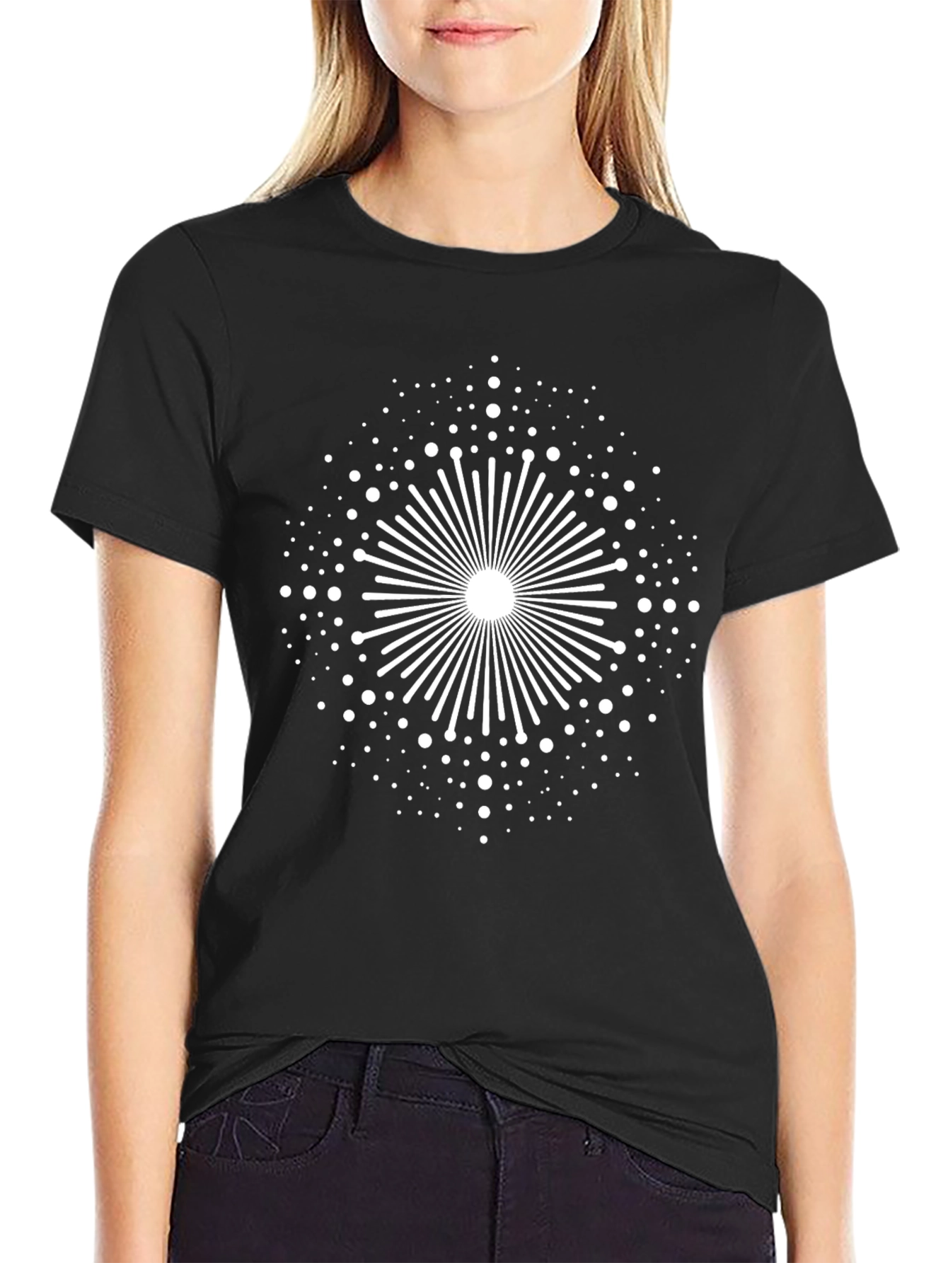 Black Tee with Geometric Burst Design