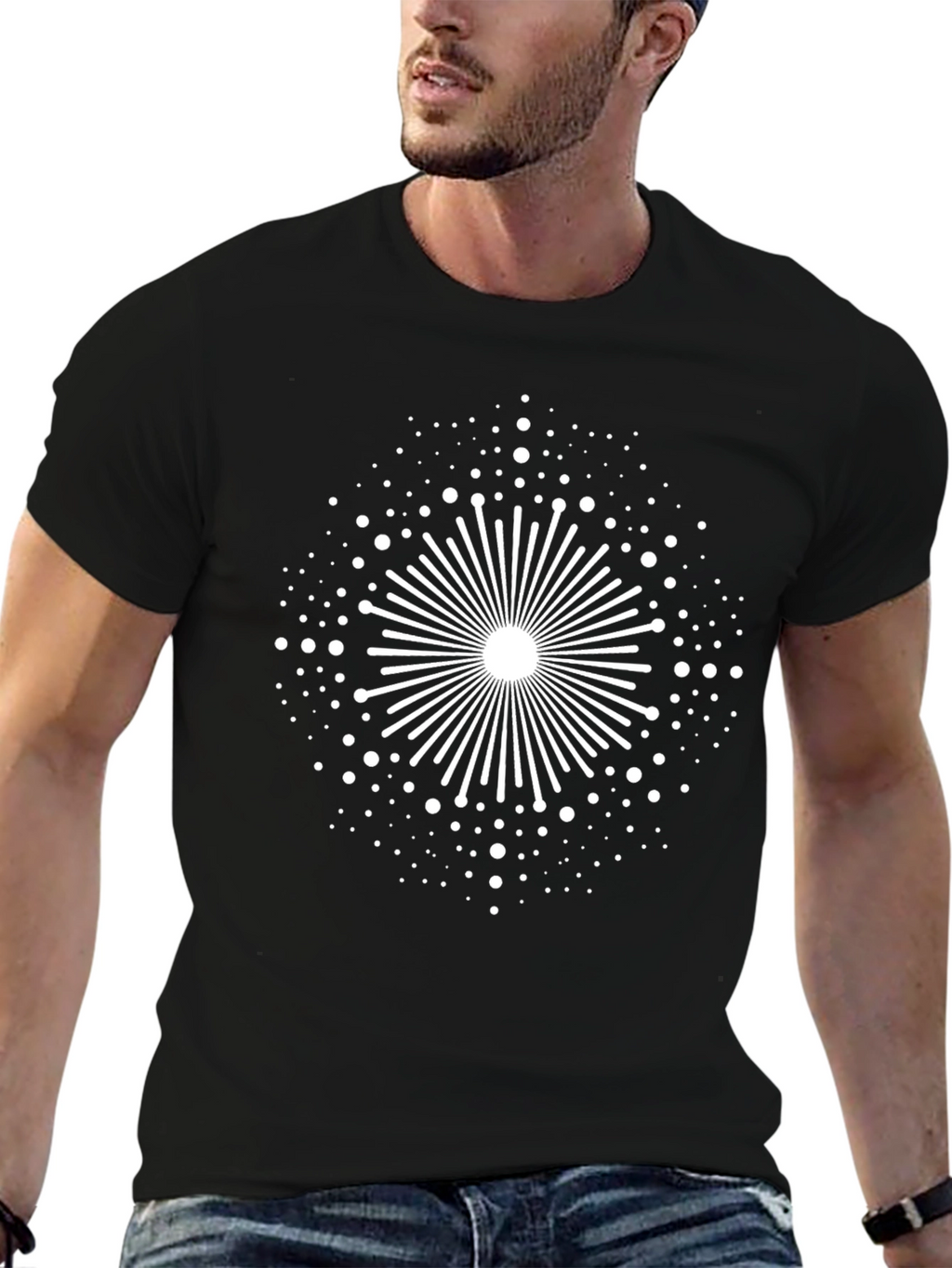 Black Tee with Geometric Burst Design