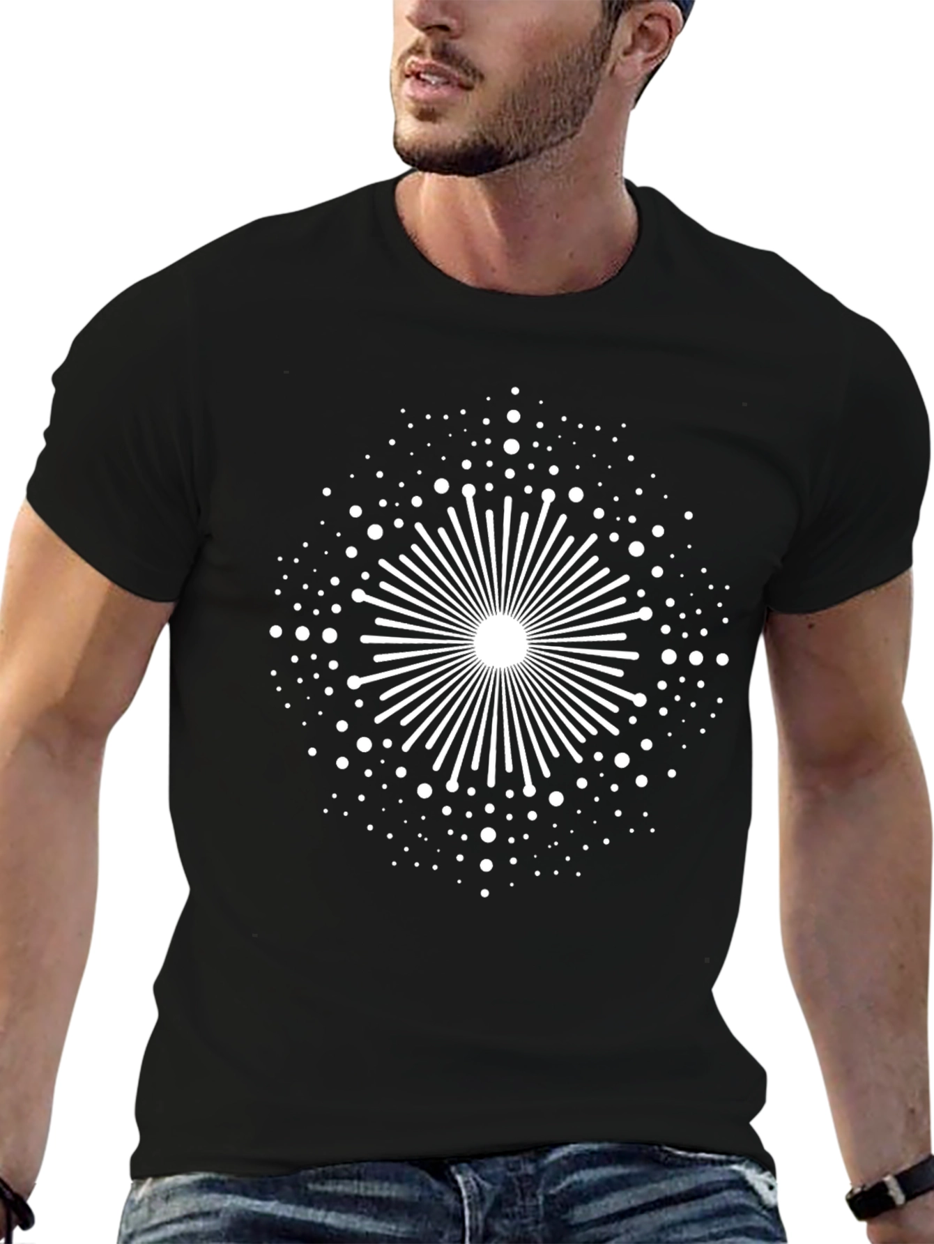 Black Tee with Geometric Burst Design