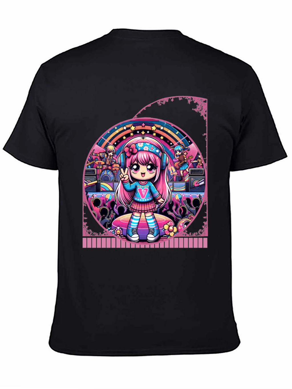 Anime Girl Band Graphic Tee - Black Cotton T-Shirt