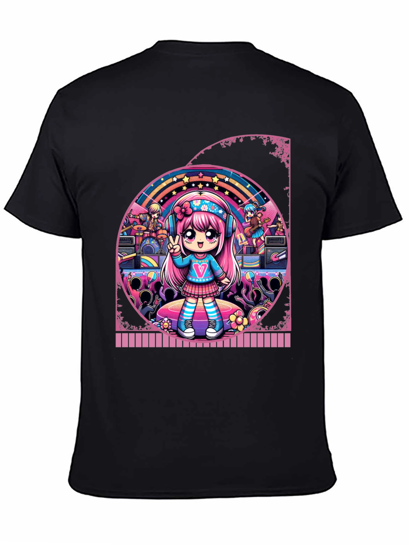 Anime Girl Band Graphic Tee - Black Cotton T-Shirt