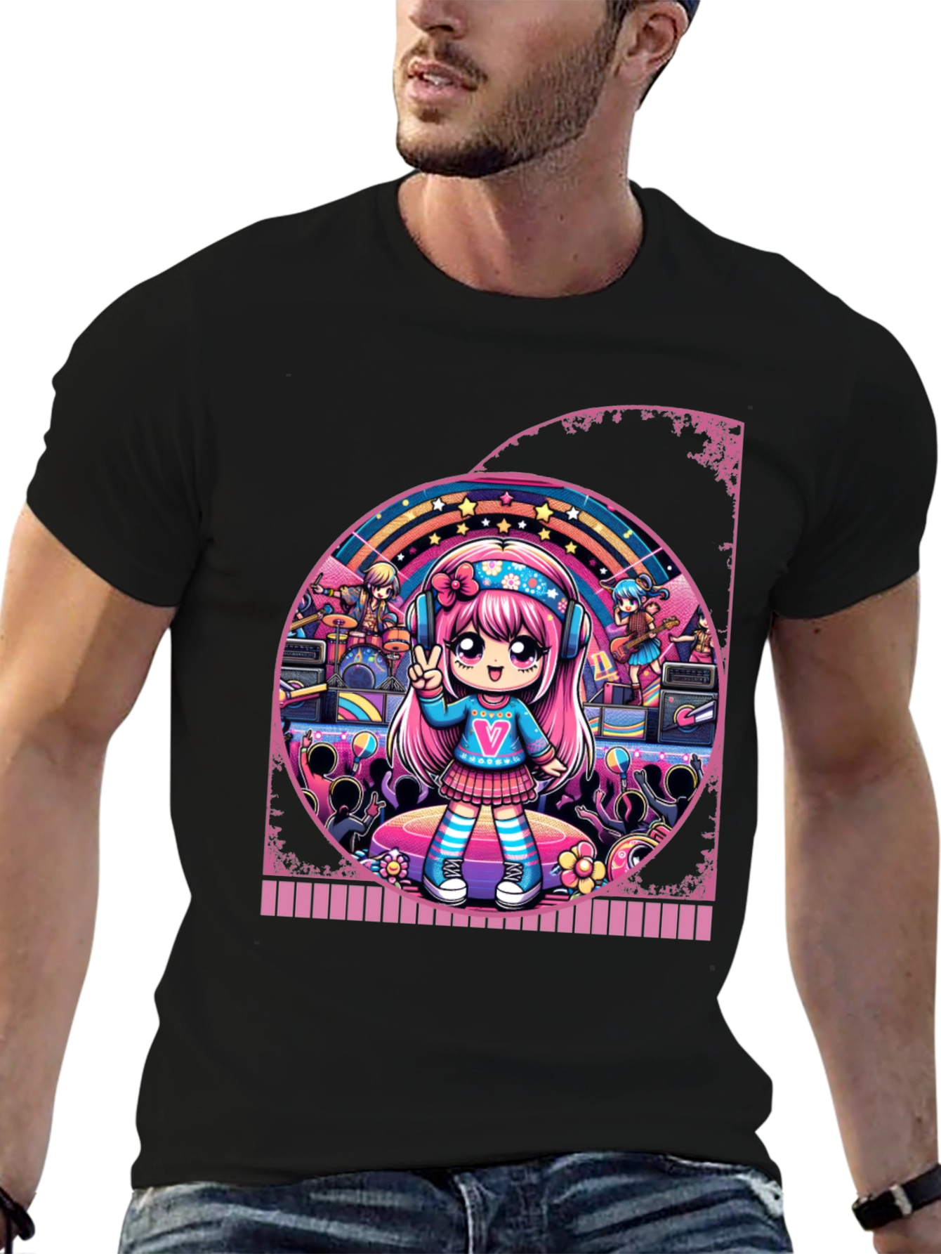 Anime Girl Band Graphic Tee - Black Cotton T-Shirt