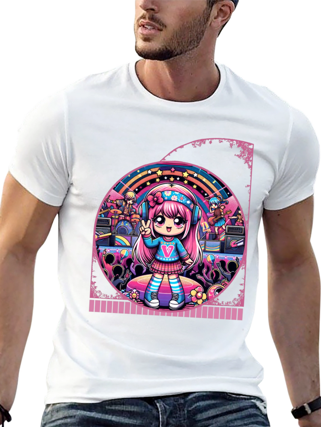 Anime Girl Band Graphic Tee - Black Cotton T-Shirt