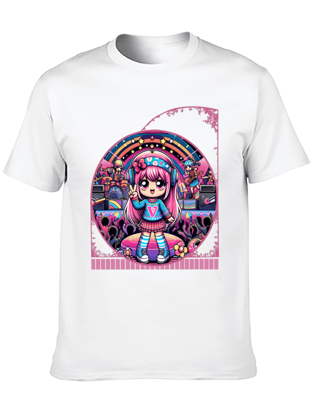 Anime Girl Band Graphic Tee - Black Cotton T-Shirt