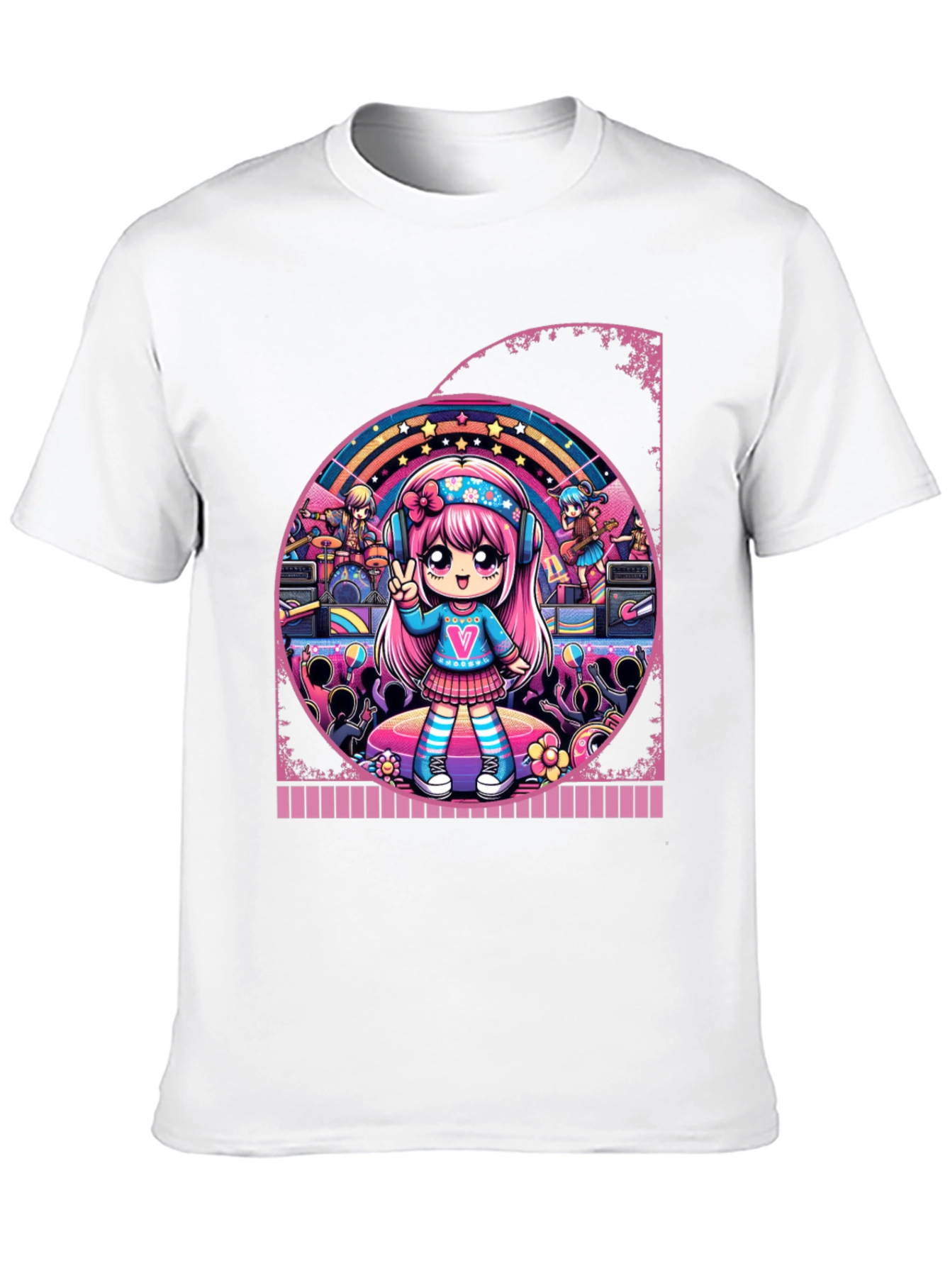 Anime Girl Band Graphic Tee - Black Cotton T-Shirt