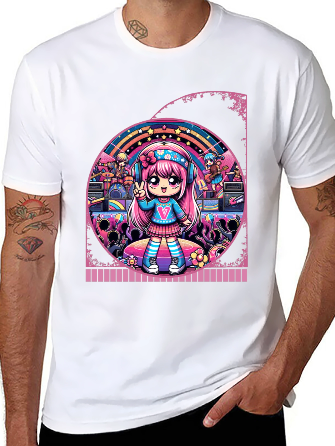 Anime Girl Band Graphic Tee - Black Cotton T-Shirt