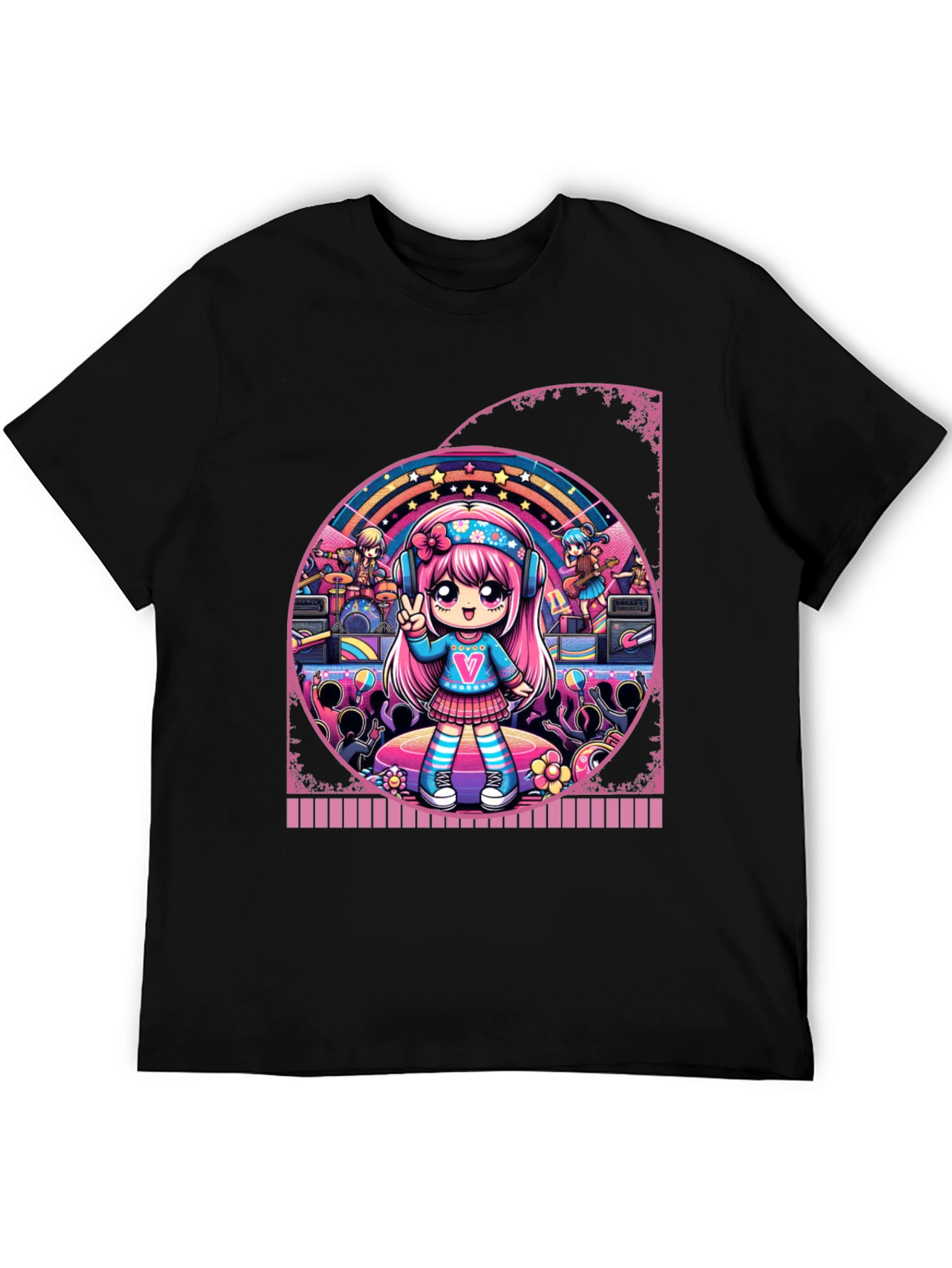 Anime Girl Band Graphic Tee - Black Cotton T-Shirt