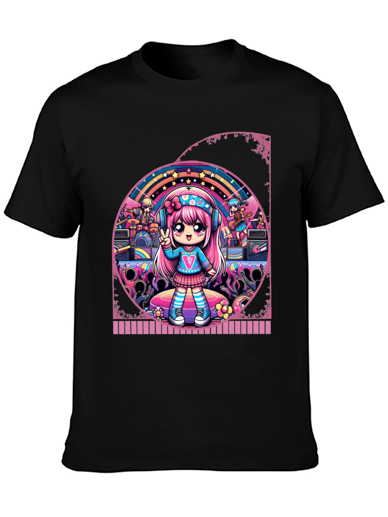 Anime Girl Band Graphic Tee - Black Cotton T-Shirt