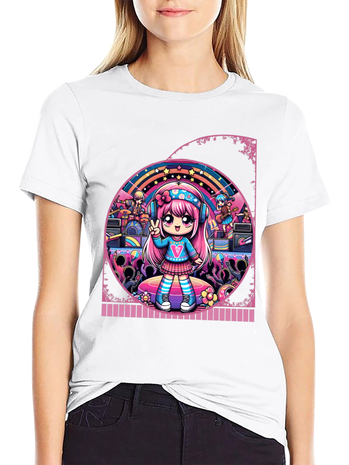 Anime Girl Band Graphic Tee - Black Cotton T-Shirt