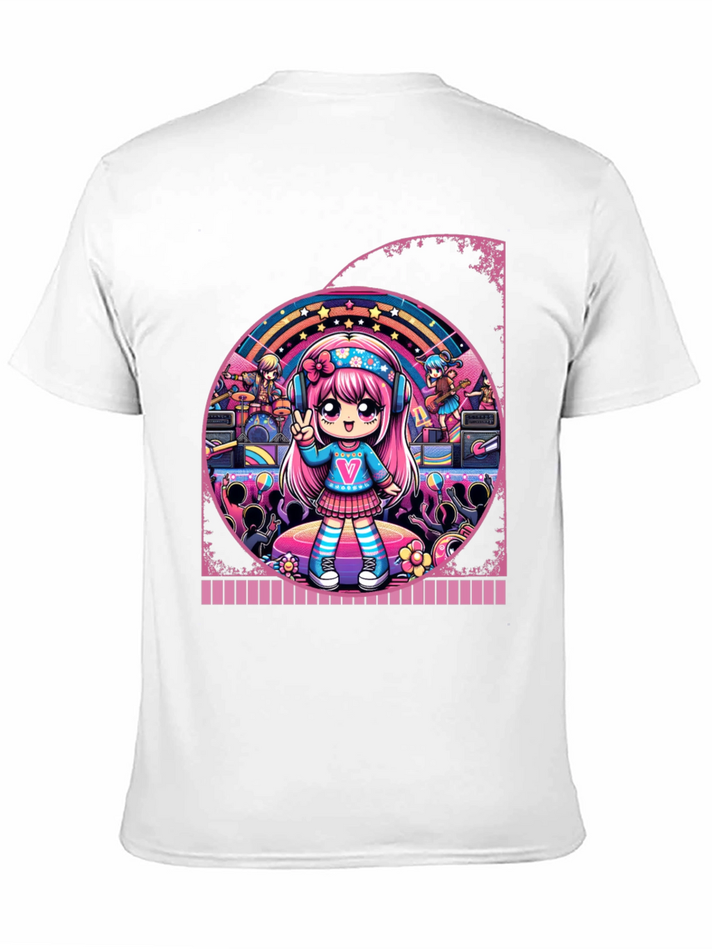 Anime Girl Band Graphic Tee - Black Cotton T-Shirt