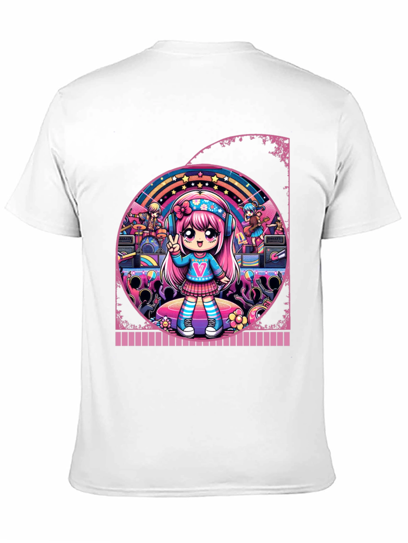 Anime Girl Band Graphic Tee - Black Cotton T-Shirt