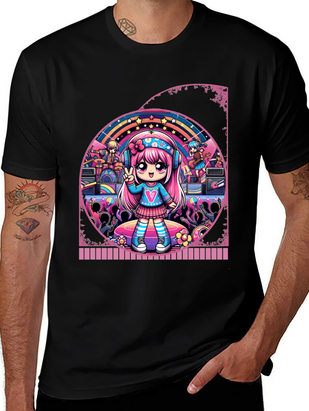 Anime Girl Band Graphic Tee - Black Cotton T-Shirt