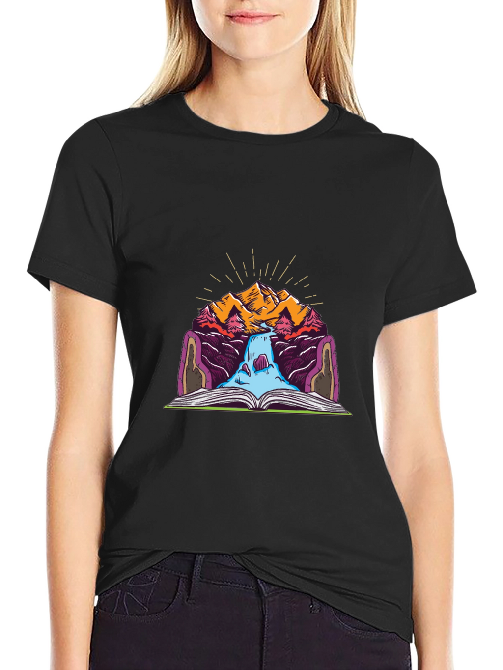 Mountain Book Waterfall Graphic T-Shirt