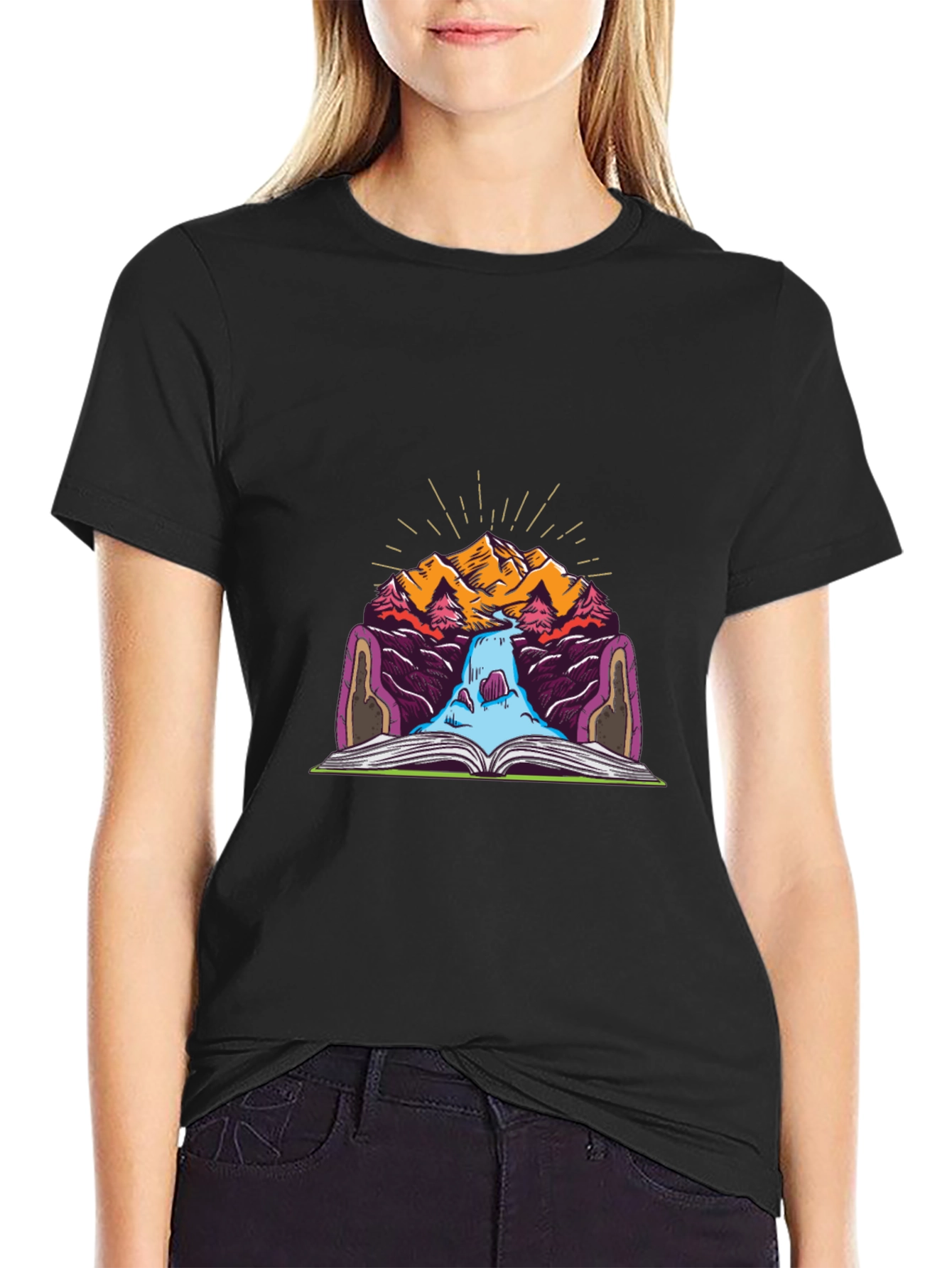 Mountain Book Waterfall Graphic T-Shirt