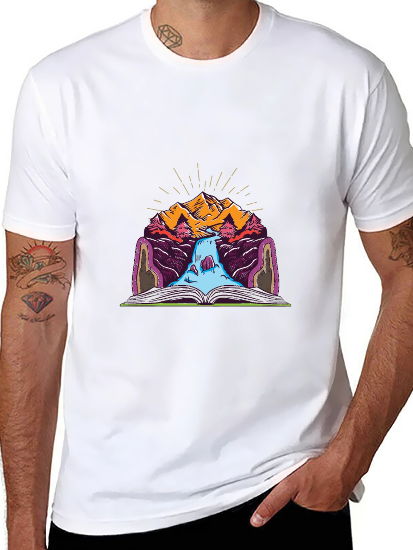 Mountain Book Waterfall Graphic T-Shirt