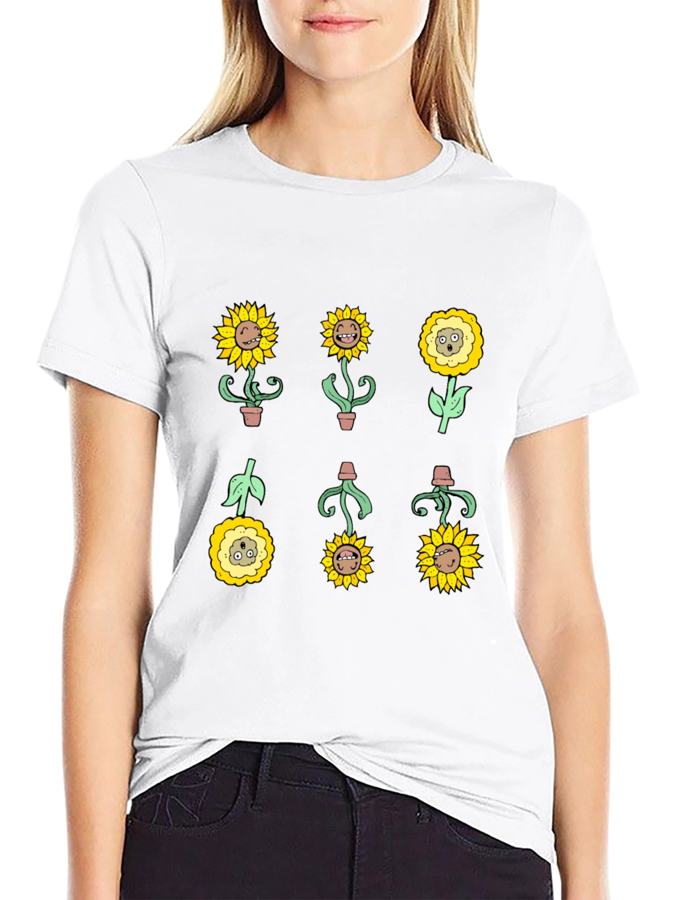 Sunflower Character Graphic Tee - Black Cotton Blend