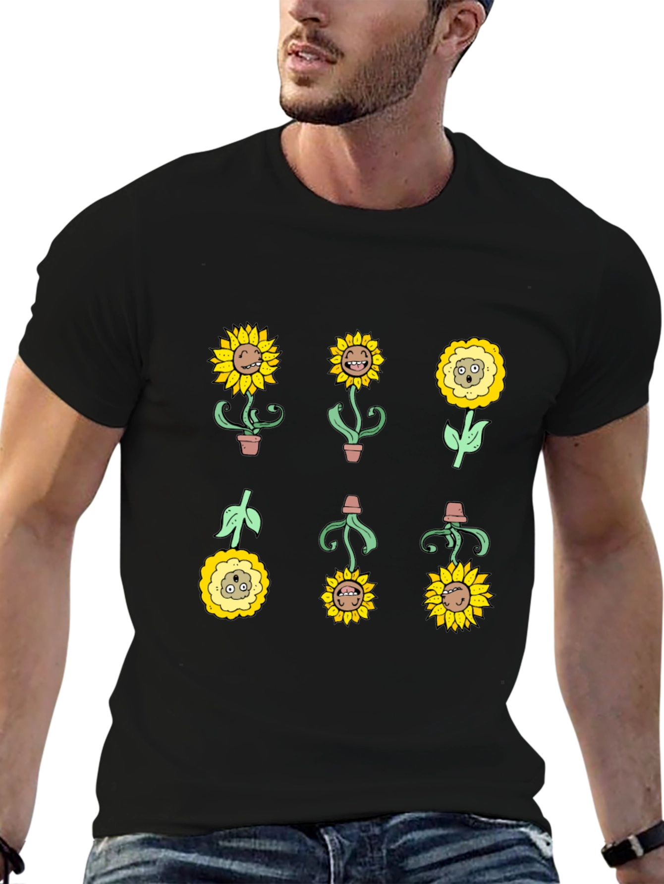 Sunflower Character Graphic Tee - Black Cotton Blend