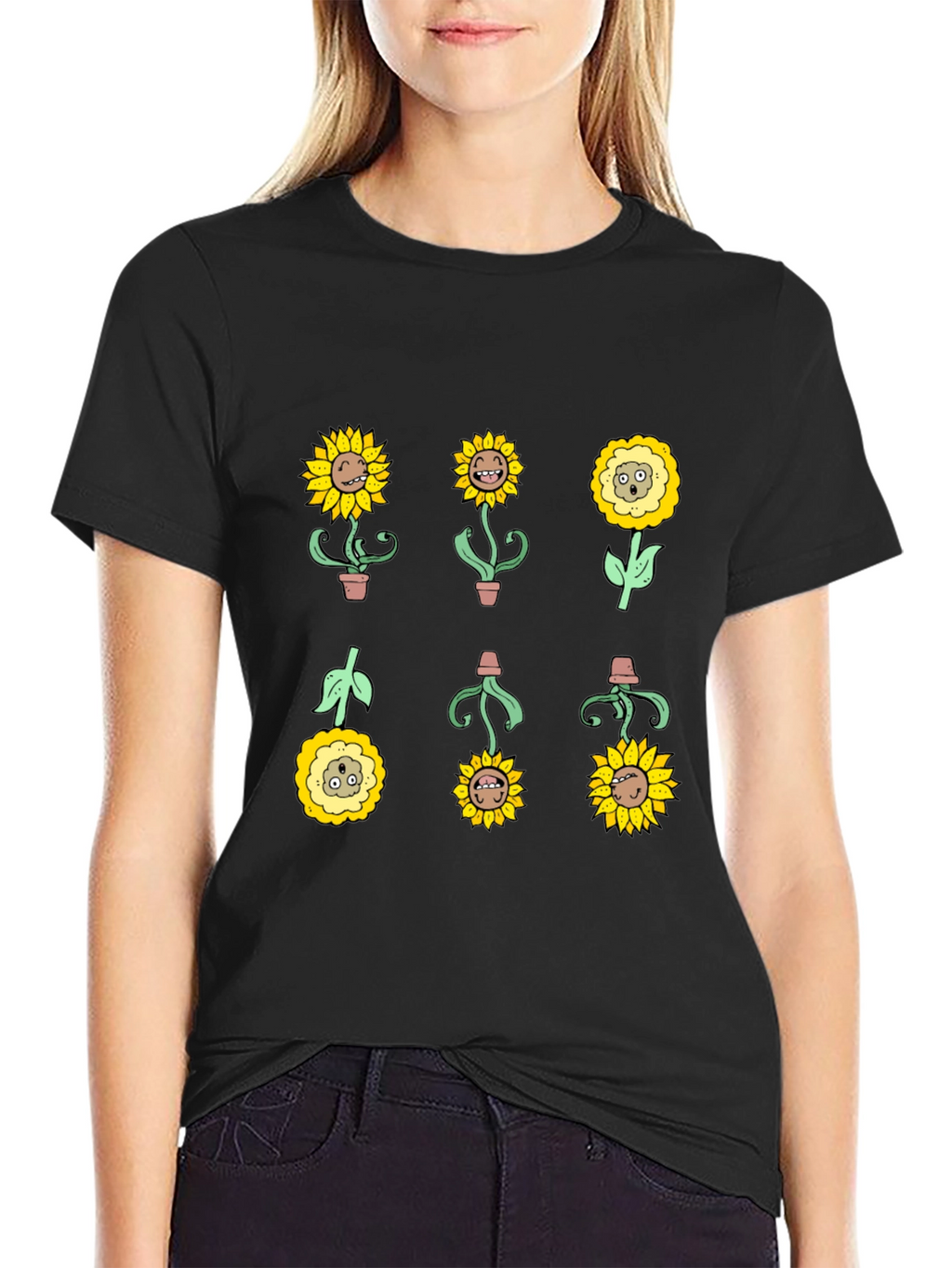 Sunflower Character Graphic Tee - Black Cotton Blend