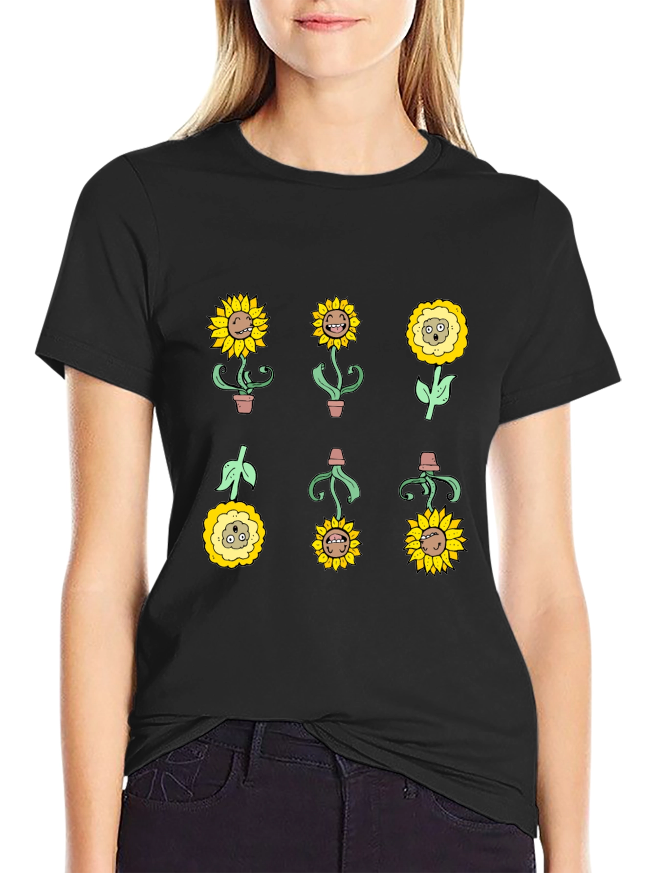Sunflower Character Graphic Tee - Black Cotton Blend