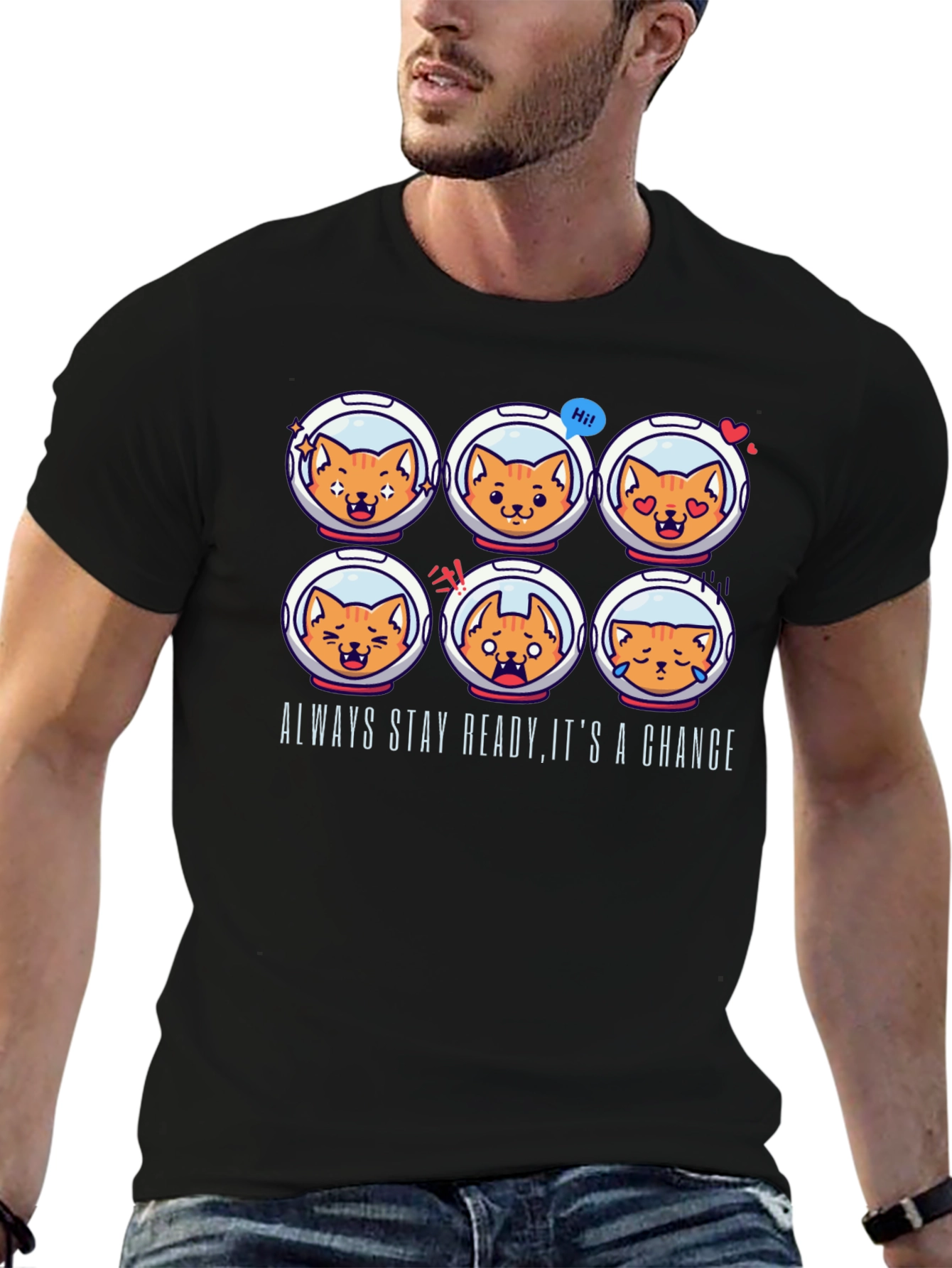 Astronaut Cat Emoji T-Shirt: Always Stay Ready