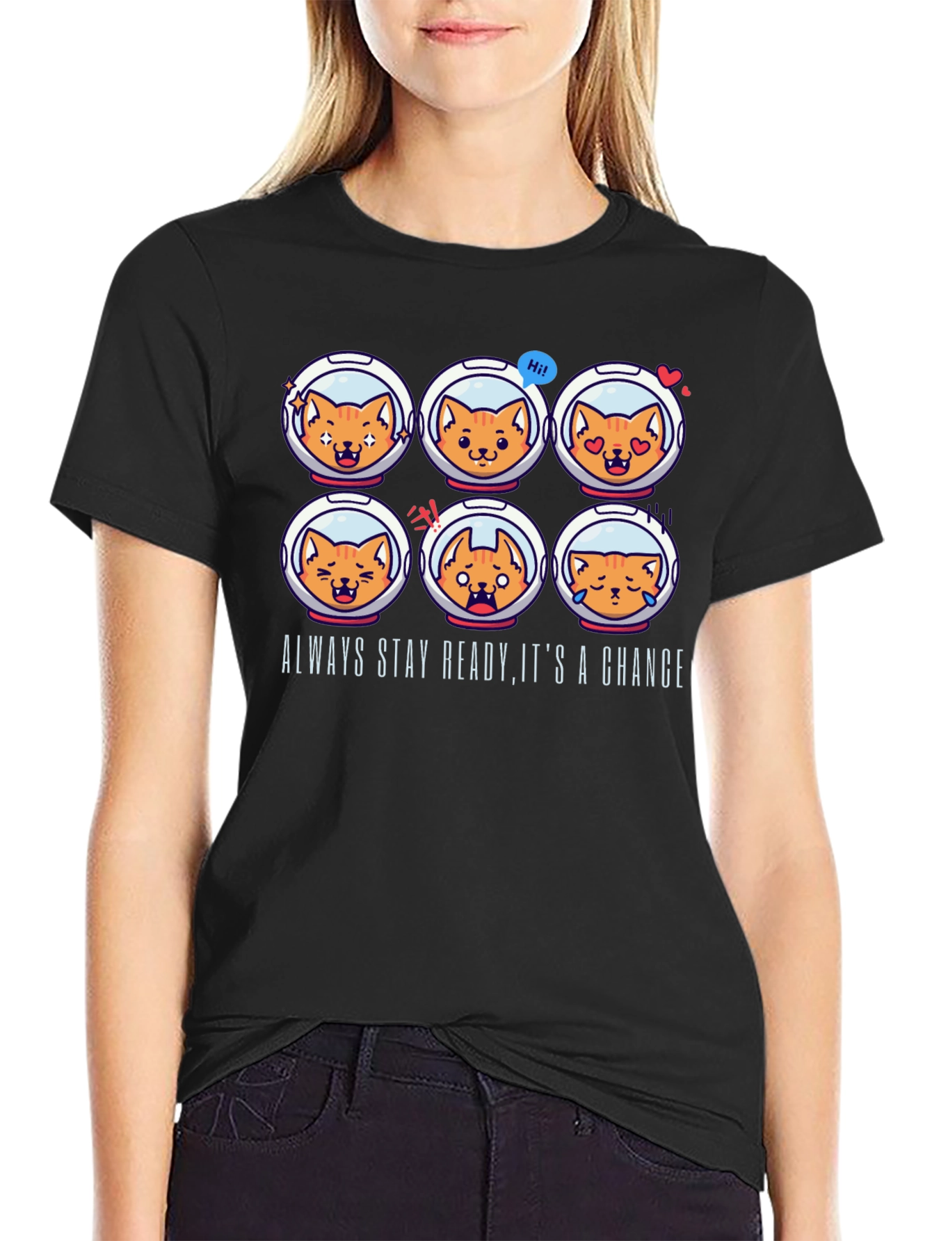 Astronaut Cat Emoji T-Shirt: Always Stay Ready