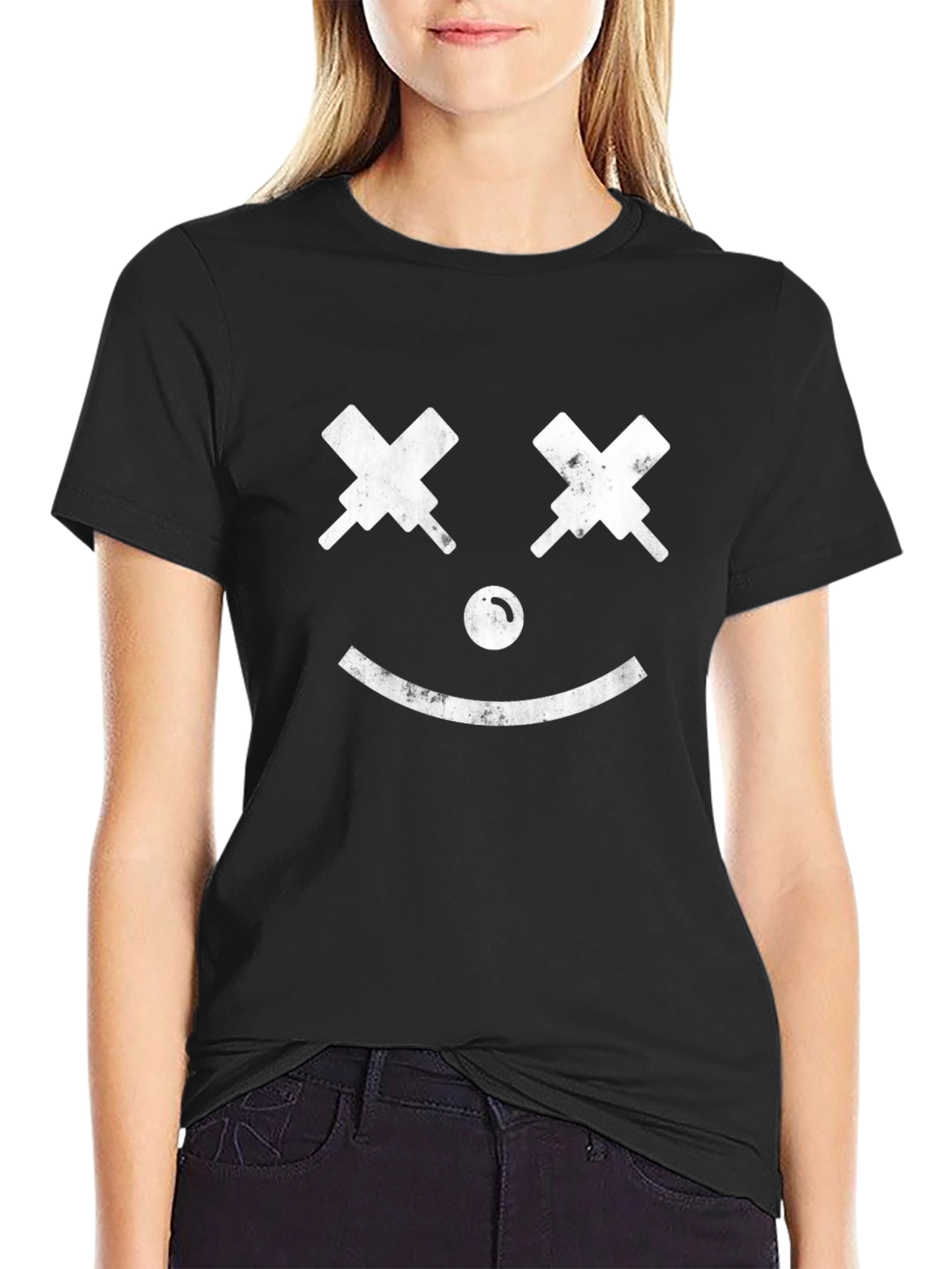 Smiley Face Graphic T-Shirt - Black Cotton Tee
