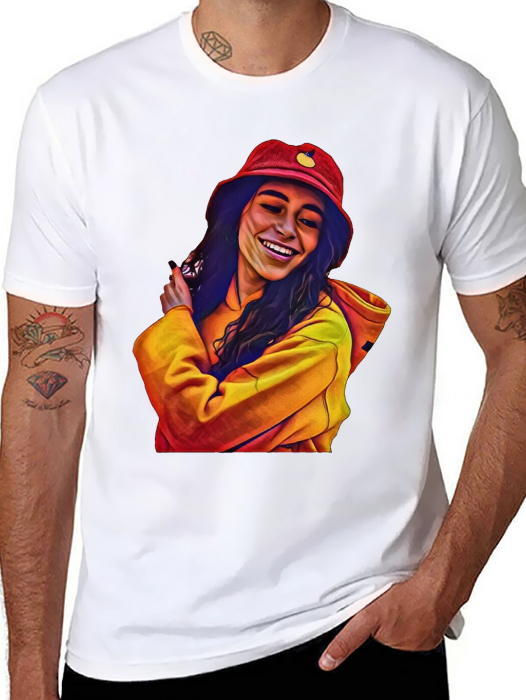 Stylish Graphic Tee: Smiling Woman in Bucket Hat