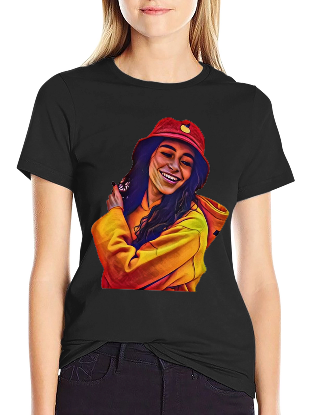 Stylish Graphic Tee: Smiling Woman in Bucket Hat