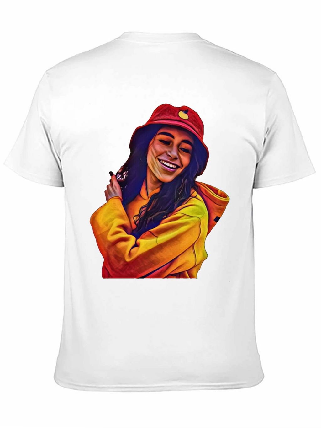 Stylish Graphic Tee: Smiling Woman in Bucket Hat