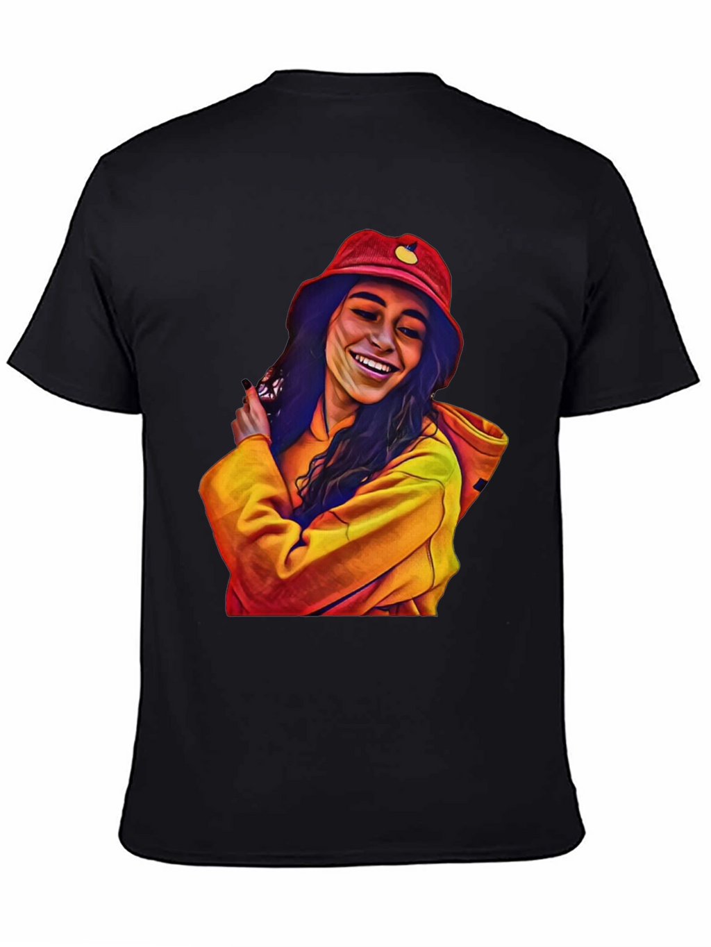 Stylish Graphic Tee: Smiling Woman in Bucket Hat
