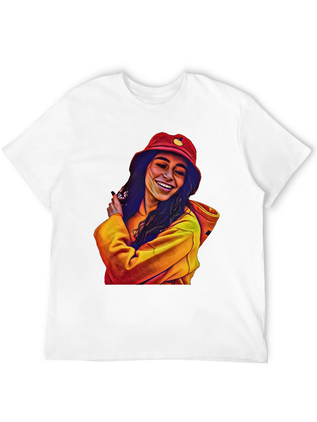 Stylish Graphic Tee: Smiling Woman in Bucket Hat
