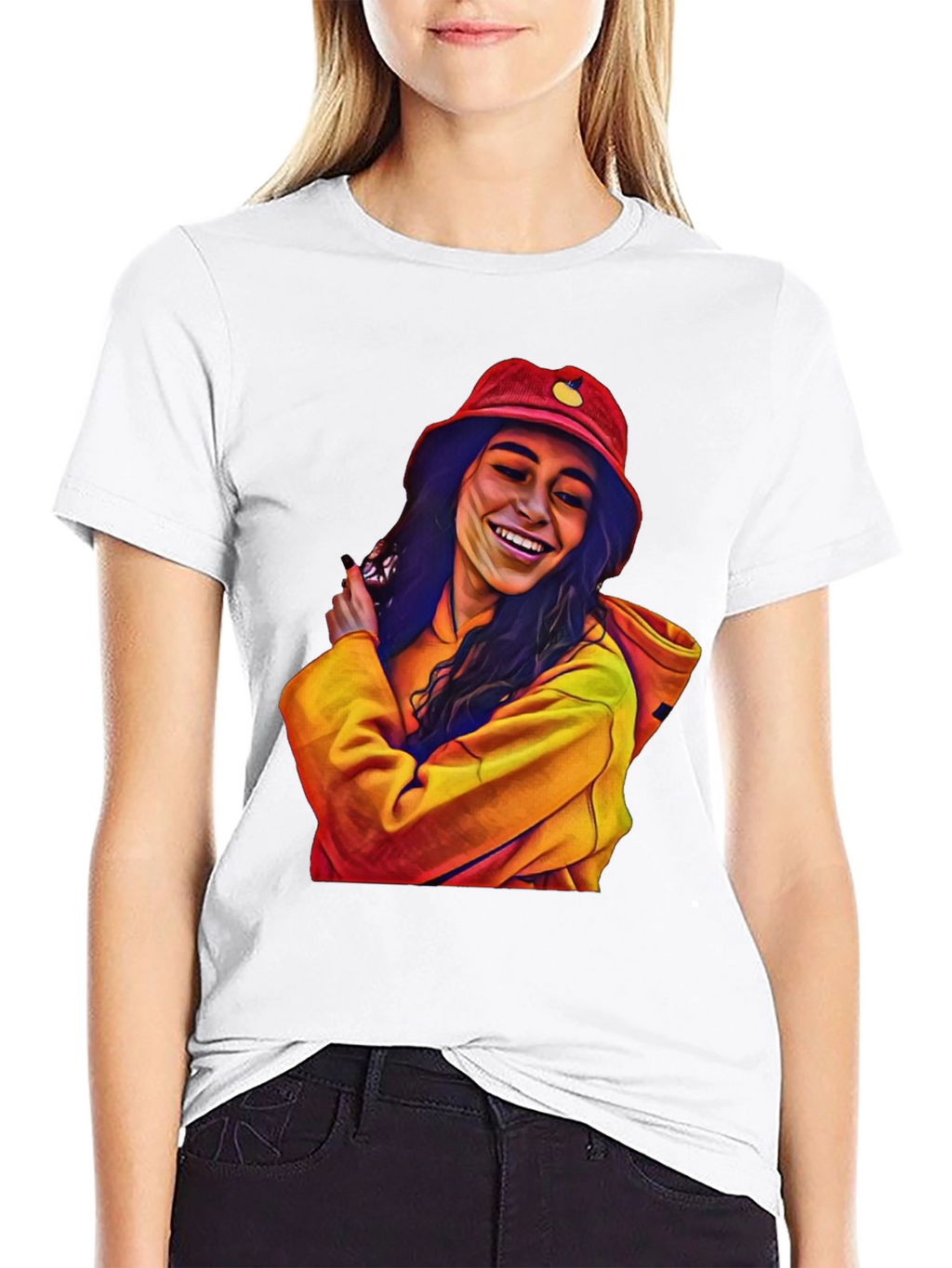 Stylish Graphic Tee: Smiling Woman in Bucket Hat