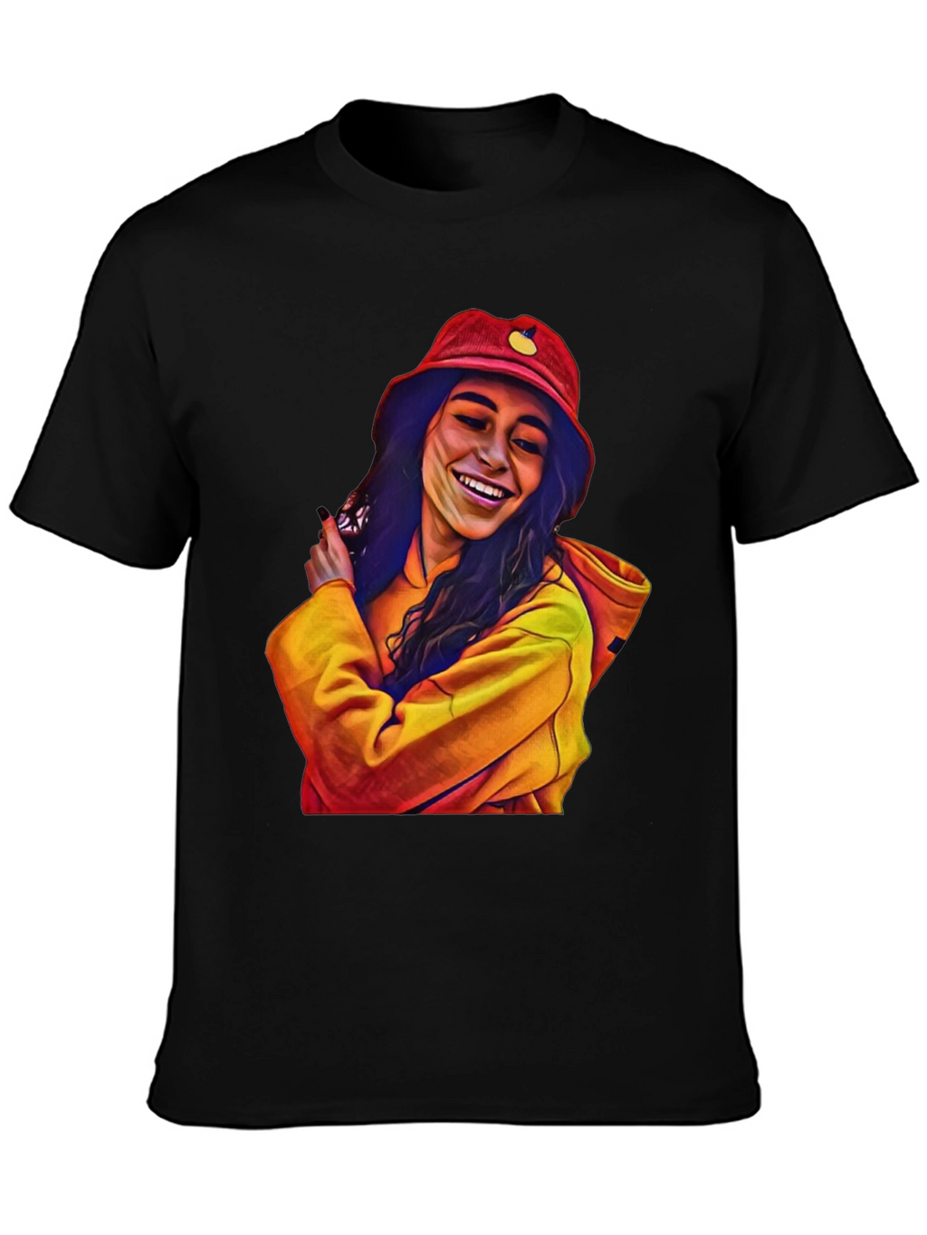 Stylish Graphic Tee: Smiling Woman in Bucket Hat