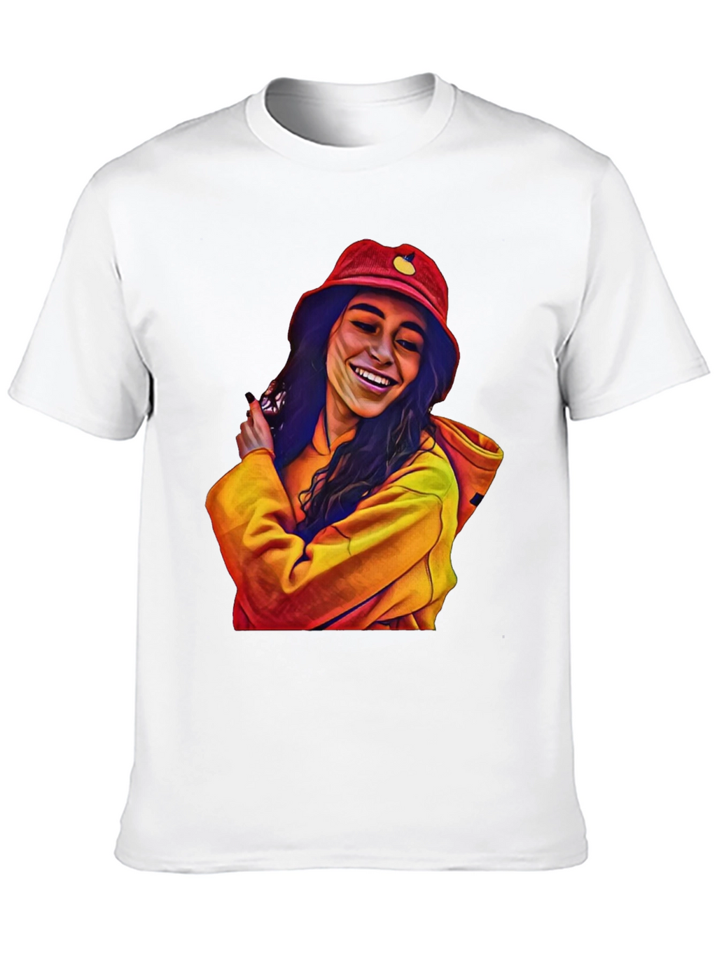 Stylish Graphic Tee: Smiling Woman in Bucket Hat