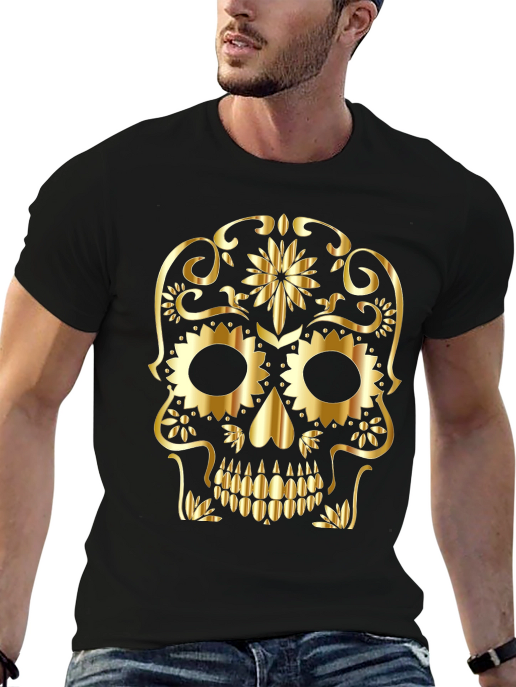 Skull Graphic Tee - Gold Sugar Skull Design