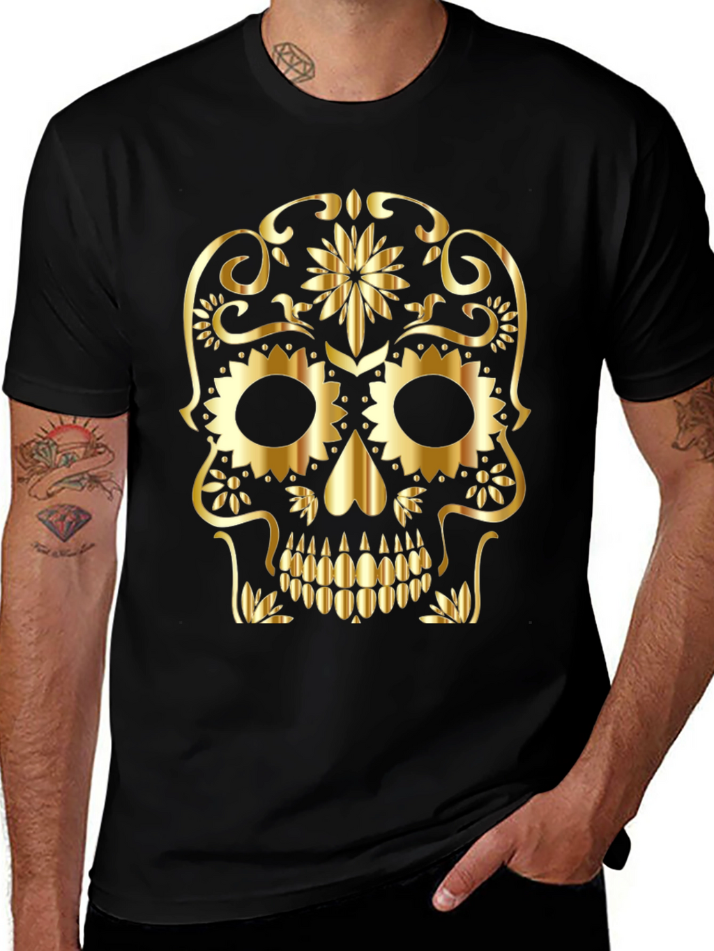 Skull Graphic Tee - Gold Sugar Skull Design