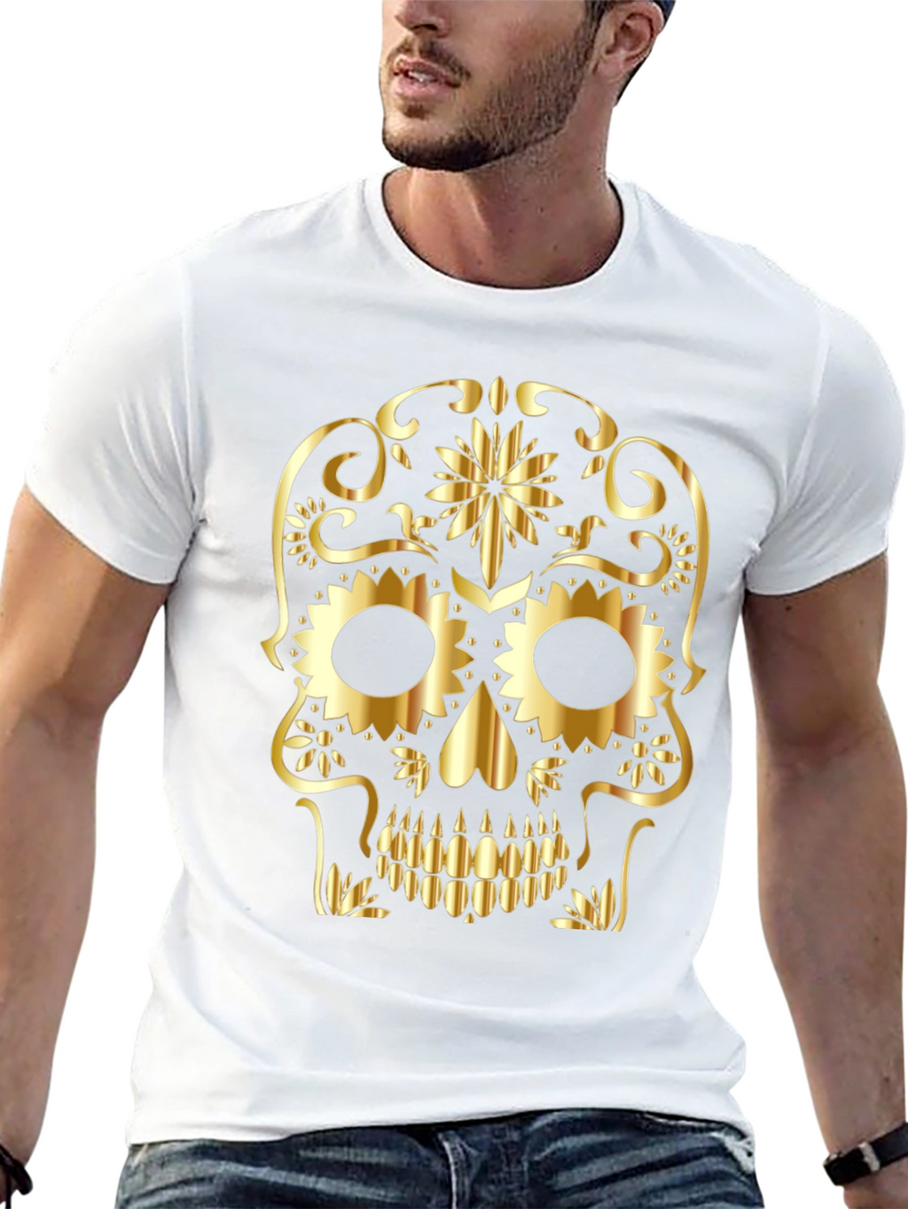 Skull Graphic Tee - Gold Sugar Skull Design